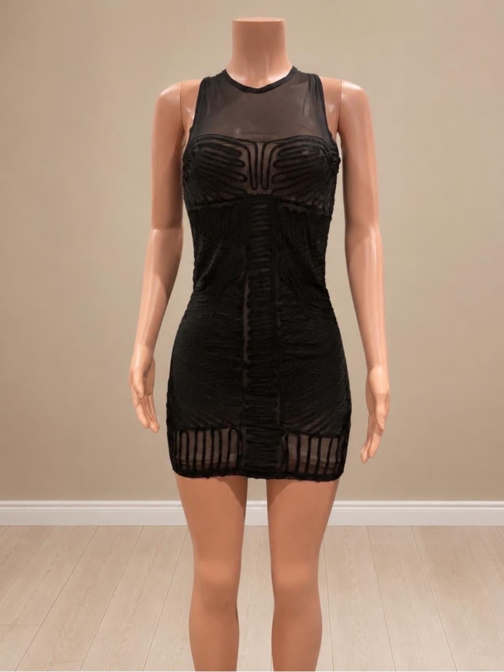 Armani Exchange Black Bodycon Mesh Embroidered Mini Dress Small NWT